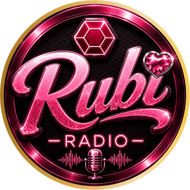 The Rubi Radio badge — a gold-rimmed neon-pink medallion with a ruby gem, a microphone and a sound wave